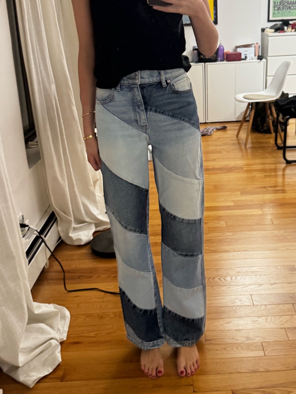 Patchwork Wide-Leg Women’s Jeans - Light and Dark Blue